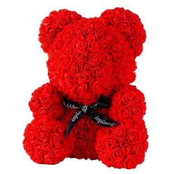 Kvetinový medvedík z červených ružičiek 25x18cm