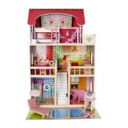 Drevený domček pre bábiky - vila s bazénom
