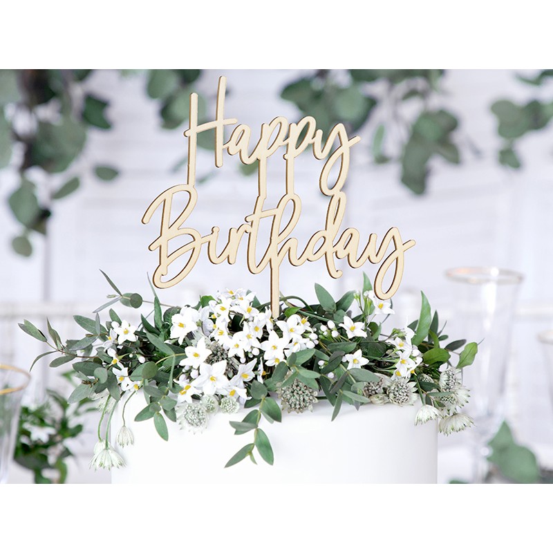 E-shop KPT57-100 Party Deco Drevený zapich na tortu - Happy Birthday, 16,5cm