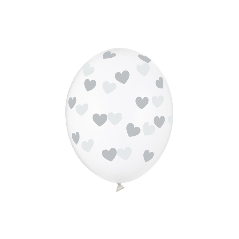 SB14C-228-099S-6 Party Deco Čiré balóny se srdíčky - Crystal Clear - 30cm, 6ks Stříbrná