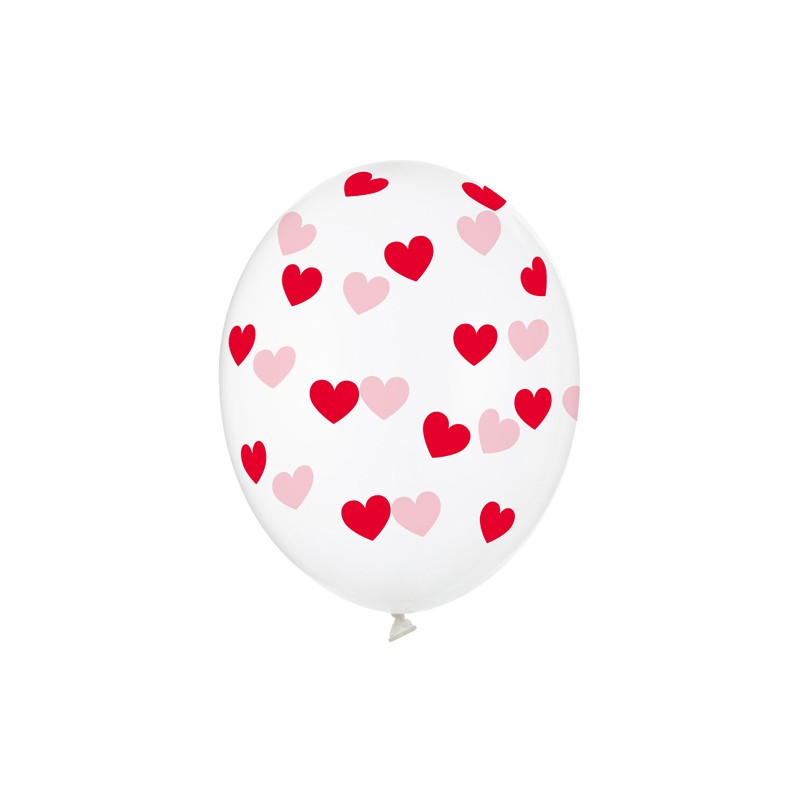 SB14C-228-099R-6 Party Deco Číre balóny so srdiečkami - Crystal Clear - 30cm, 6ks Červená