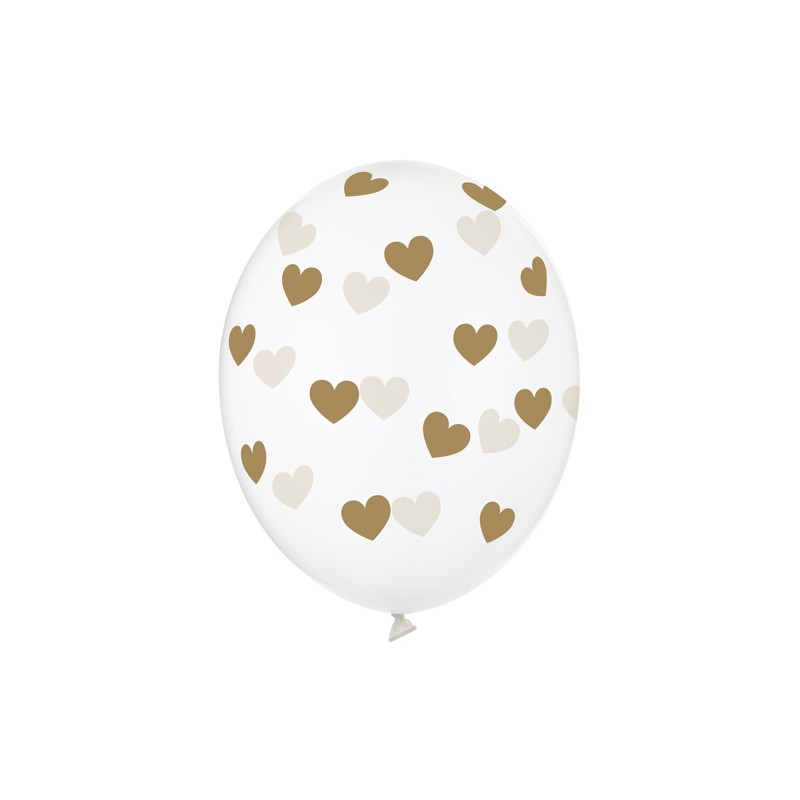 SB14C-228-099G-6 Party Deco Čiré balóny se srdíčky - Crystal Clear - 30cm, 6ks Zlatá