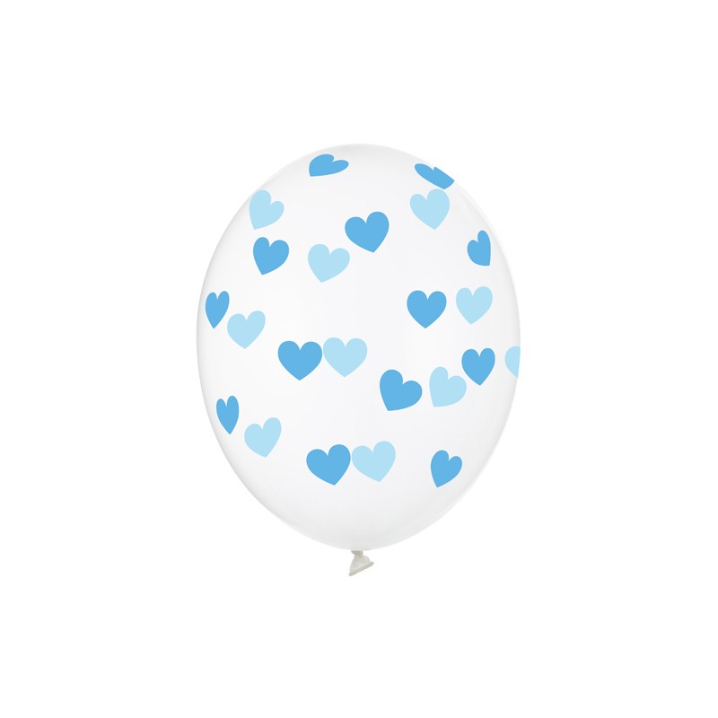 SB14C-228-099B-6 Party Deco Číre balóny so srdiečkami - Crystal Clear - 30cm, 6ks Modrá
