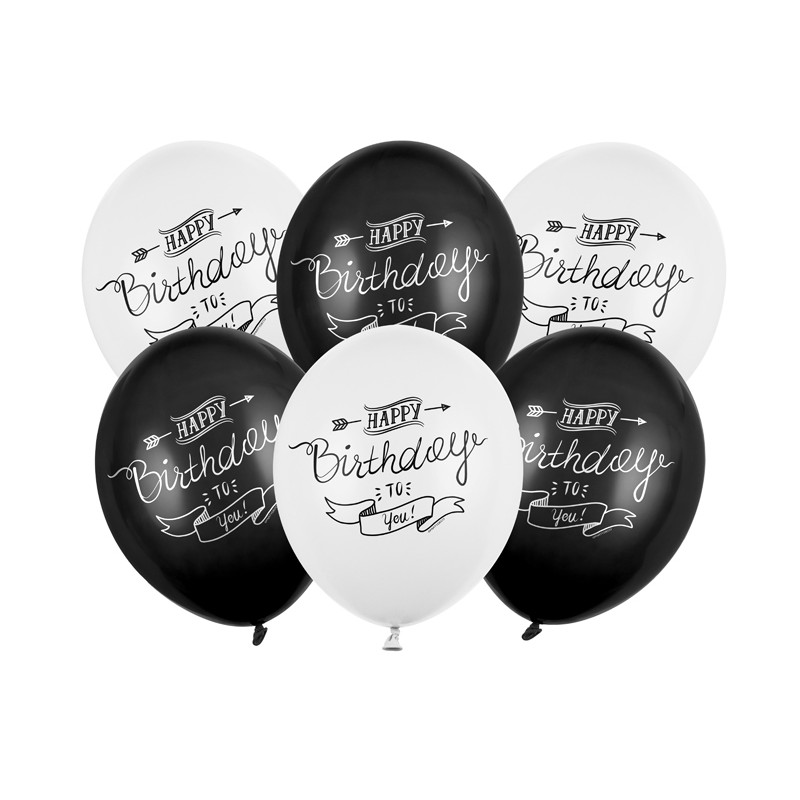 SB14P-258-000-6 Party Deco Set balónků Happy Birthday 30cm - černo-bílé 6ks