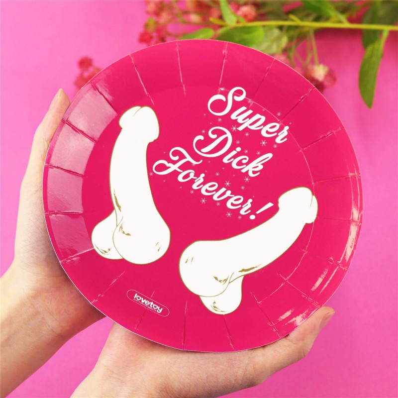 Levně 10-LV765024 Papírové talíře - "Super Dick Forever" - růžové 18 cm