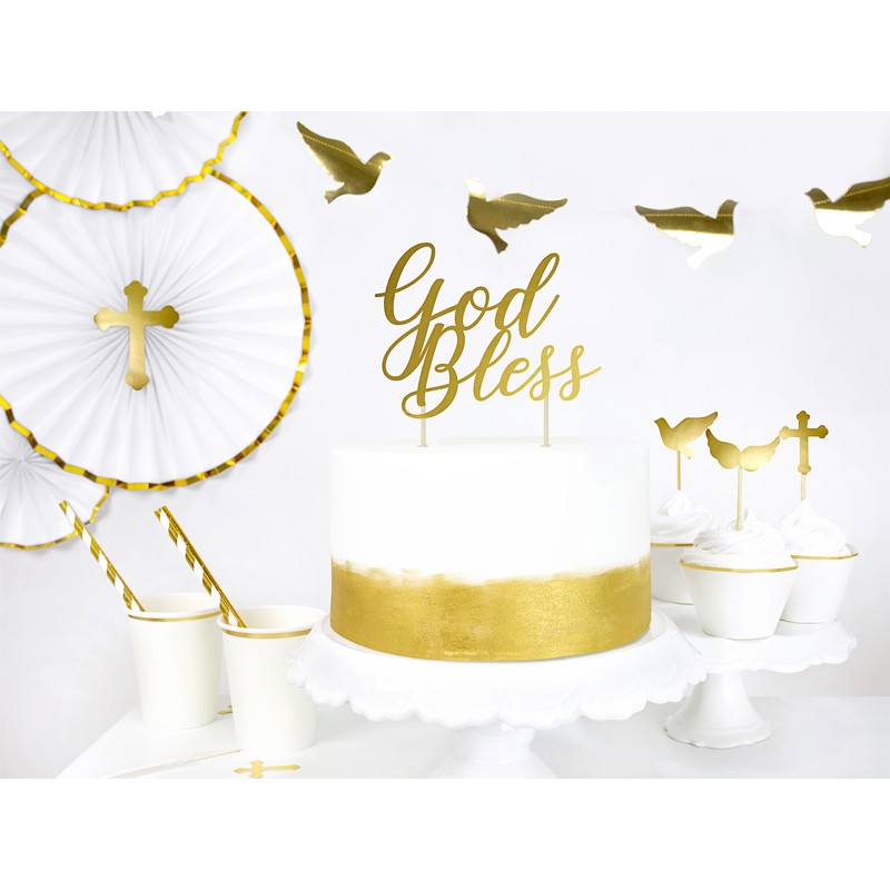 Levně KPT43-019M Party Deco Zápich na dort - God Bless, zlatý, 27,5cm